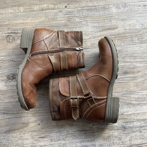 Earth Origins Ankle Boots Women's 7 Leather Brown Bonnie Buckle White Stitching